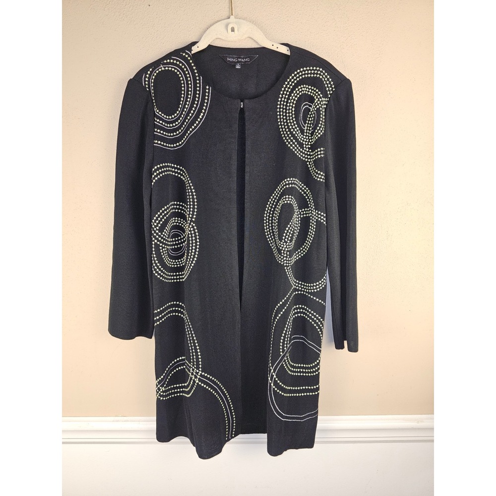 Ming Wang Womens Black Green Embroidered Open Front Cardigan Sweater Large